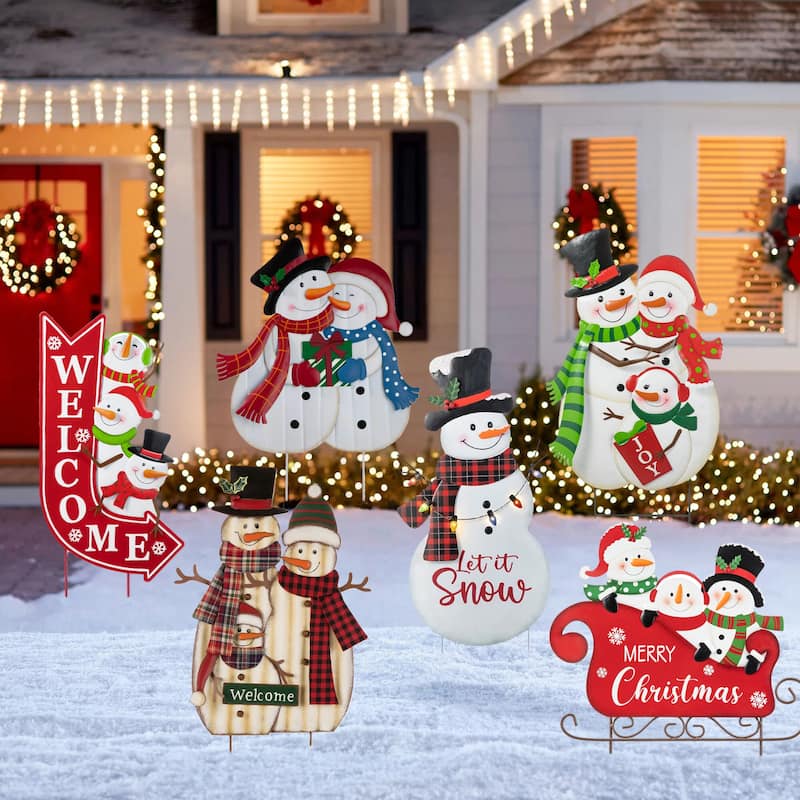 Glitzhome Metal Christmas Snowman Family Nutcracker JOY Yard Stakes Wall Decor
