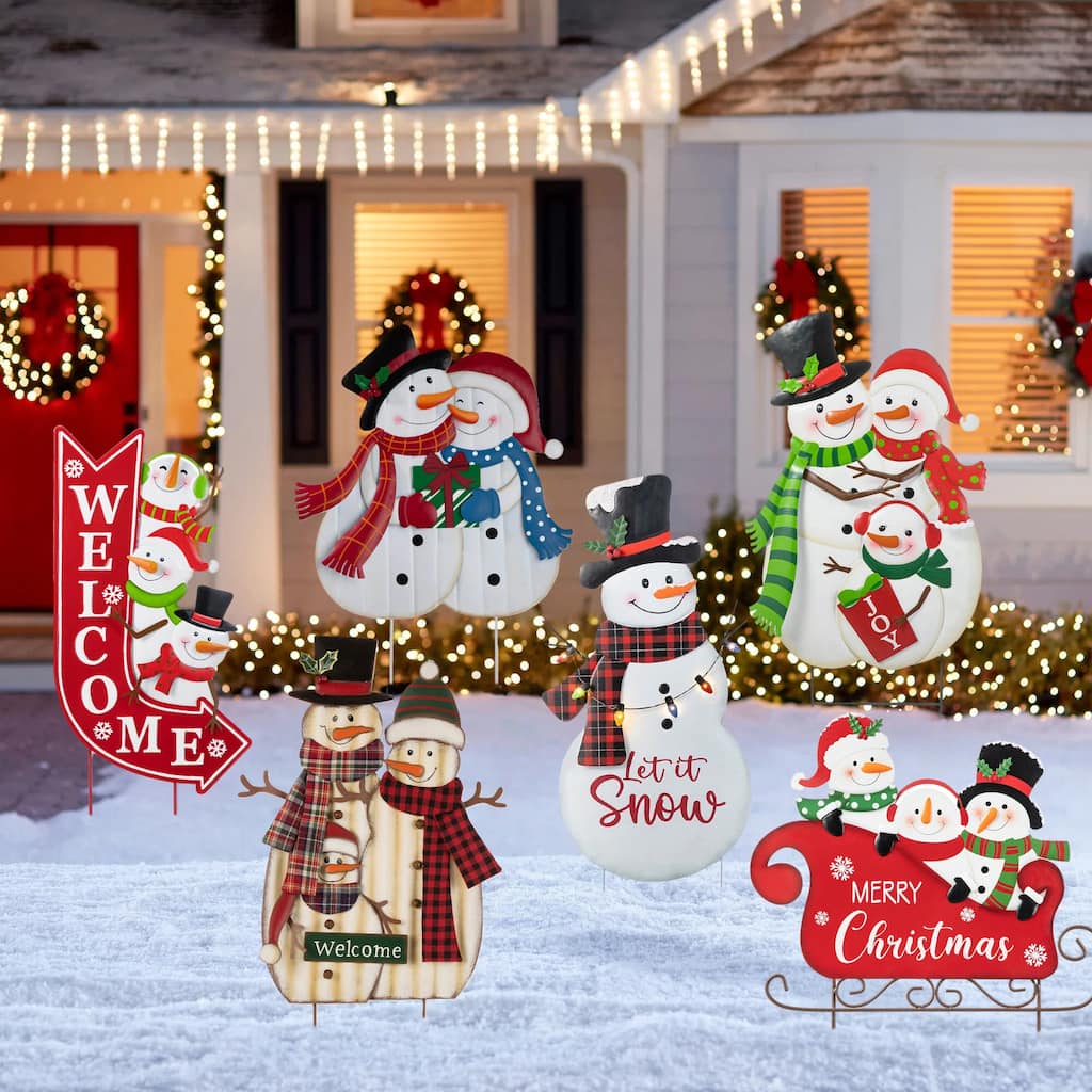 Glitzhome Metal Christmas Snowman Family Nutcracker JOY Yard Stakes Wall Decor