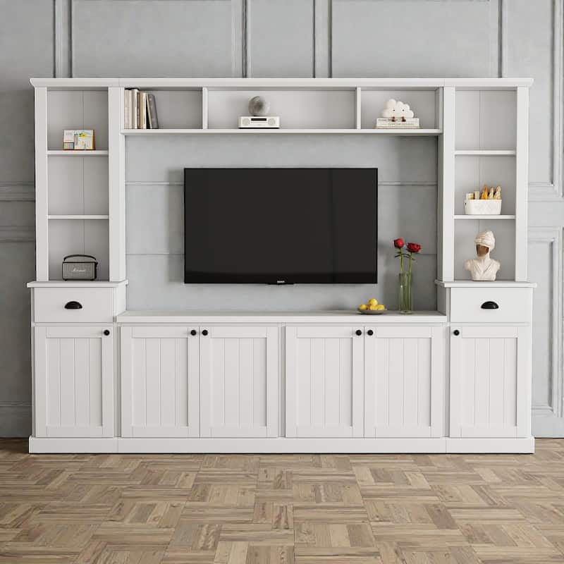 Modern Entertainment Wall Unit with Bridge for TVs up to 75", Large TV Stand Set with Adjustable Shelves and Storage, 103"