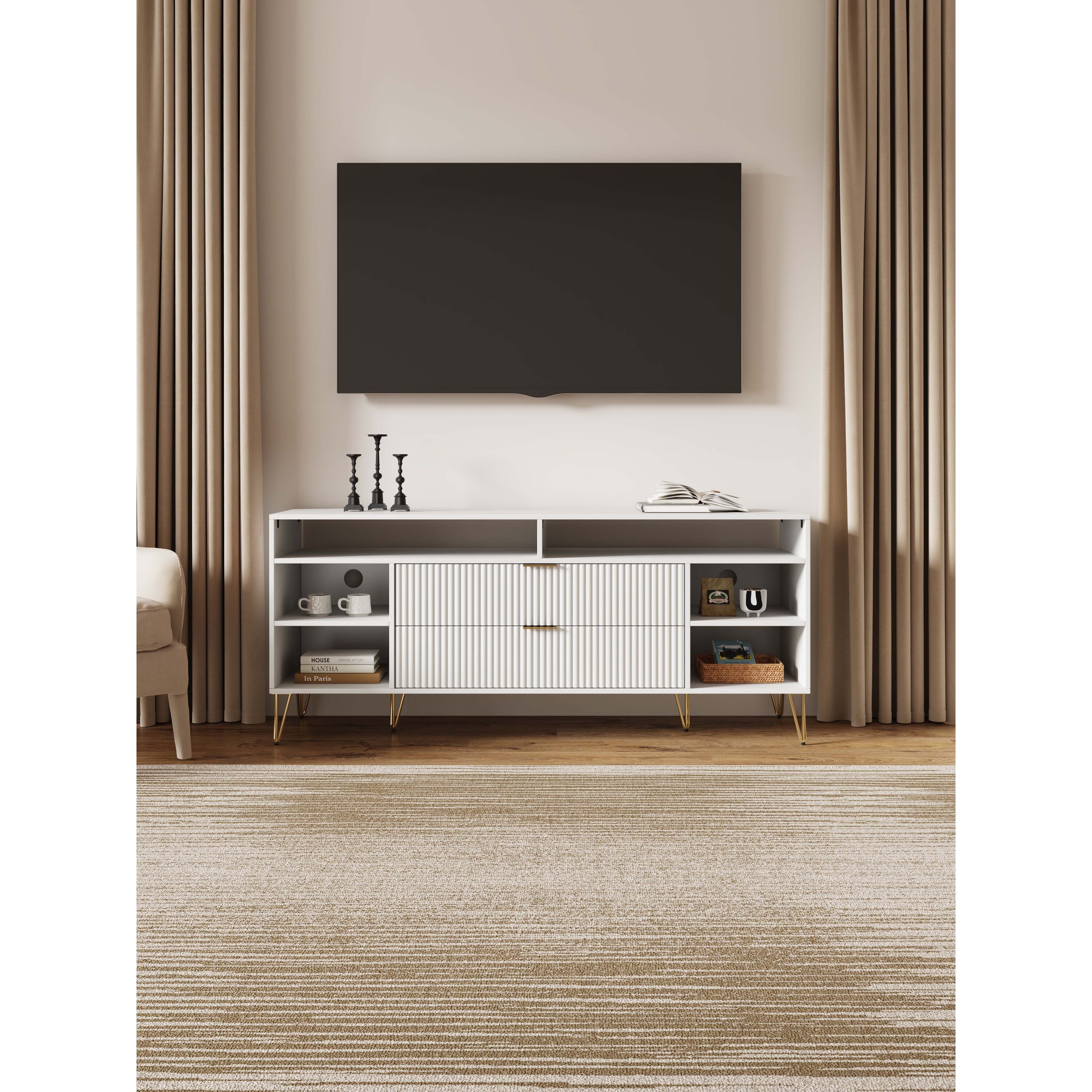 63 Inch Fluted TV Stand White Finish Modern Design