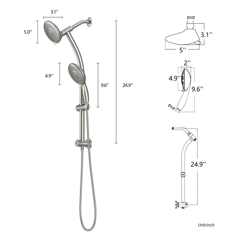 Double Rain Shower Set 5 Setting Hotel Spa Dual Bathroom Shower Heads Handheld Combo Brushed Nickel Shower Set