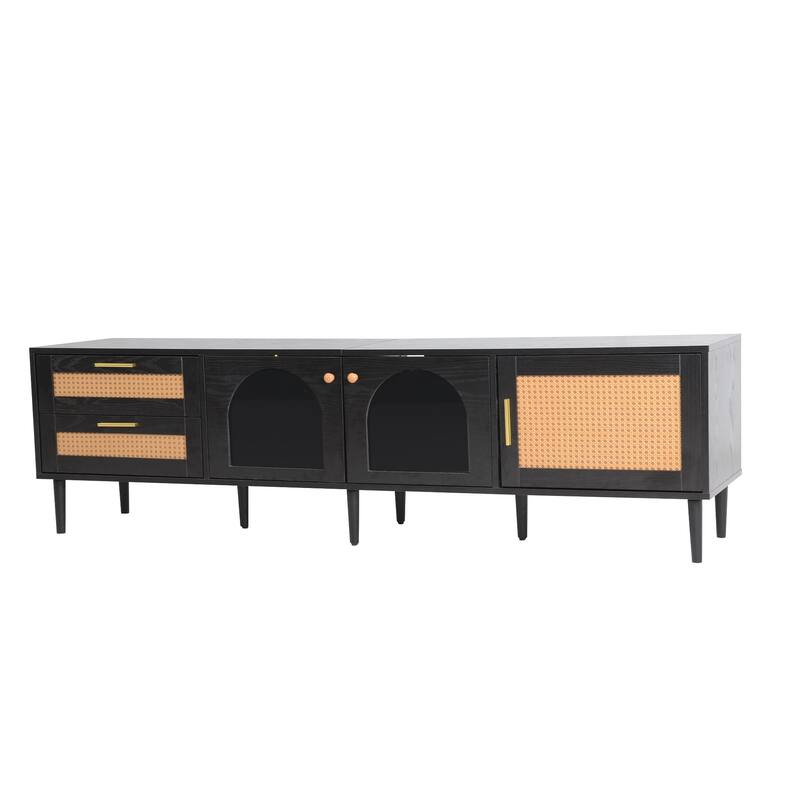 Modern Media Console with Rattan Design, LED Lights & Storage for TVs up to 80" - Living Room & Bedroom TV Stand