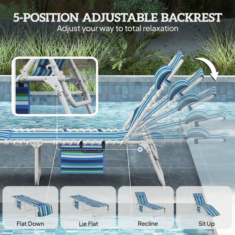 Outsunny Tanning Chair Set of 2 with Face Hole, Side Table, 5-Position Reclining Folding Chaise Lounge Chair