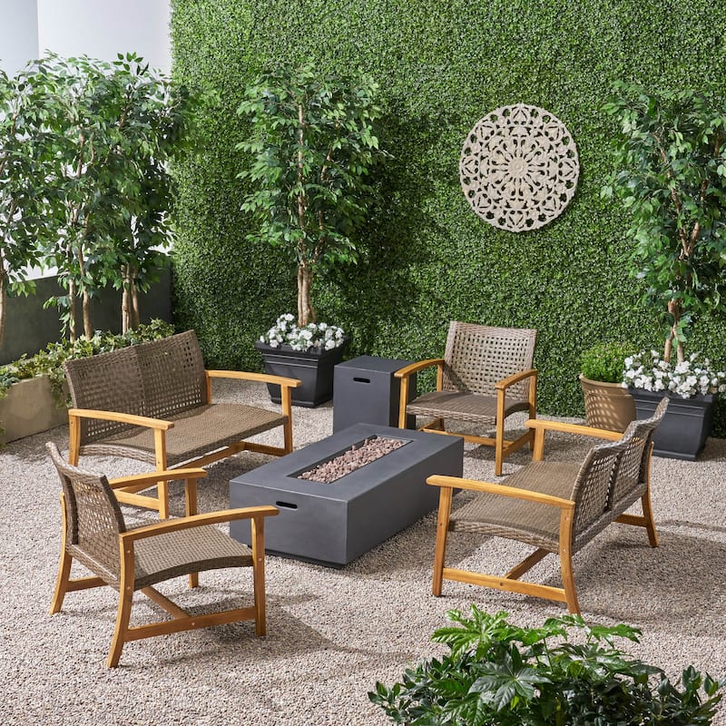Augusta Outdoor Acacia Wood and Wicker 6 Seater Chat Set with Fire Pit by Christopher Knight Home