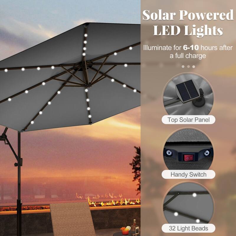 Gymax 10FT Offset Umbrella Rotation Sun Shade Solar Powered LED Gray