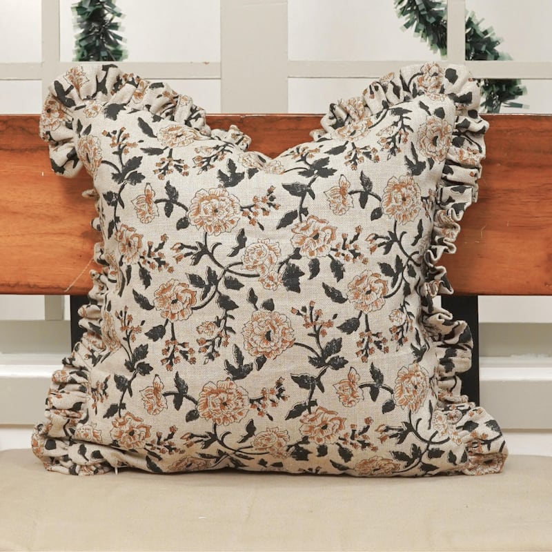 Fabdivine Heavy Linen Floral Ruffled Both Side Cushion Cover Home Décor Accent