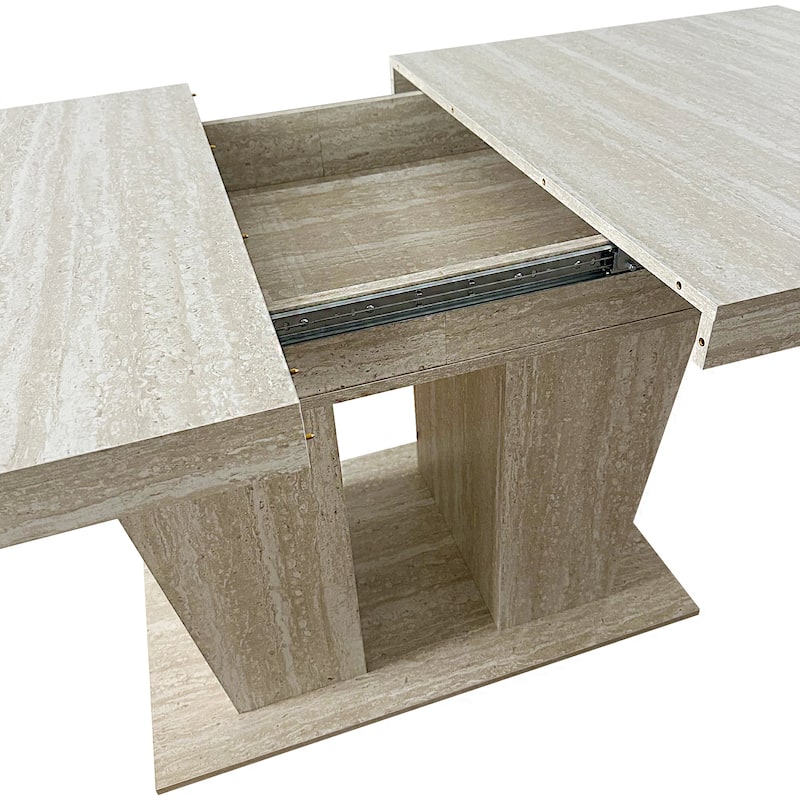 Extendable Dining Table Meeting Table, Wood Kitchen Table for 6-10, Large Office Table with Veined Travertine Pattern