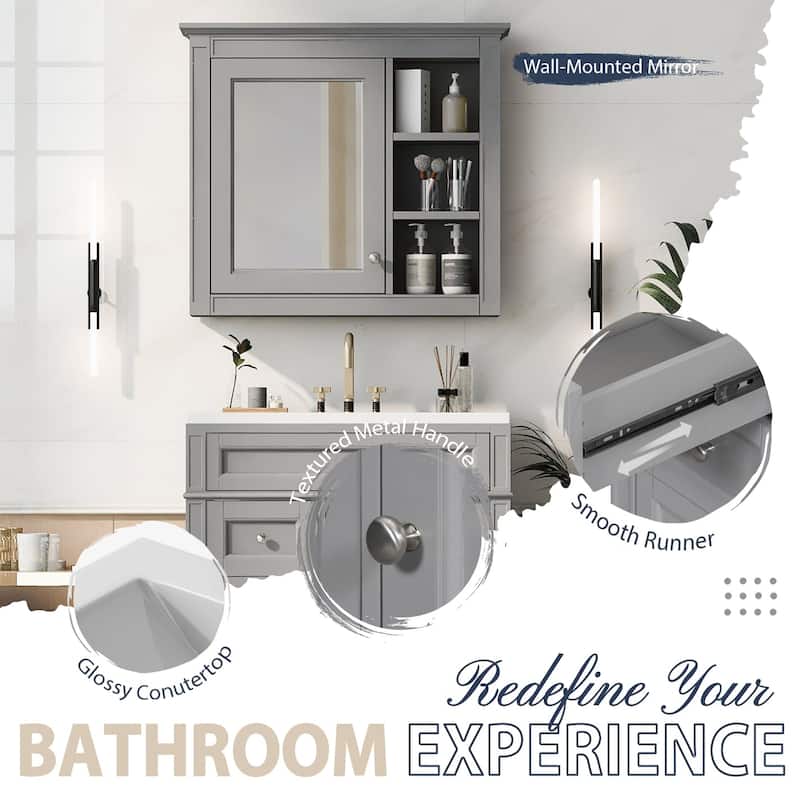 Plywood Freestanding Bathroom Vanity Set in Maple with Mirror Cabinet - 30" x 18"