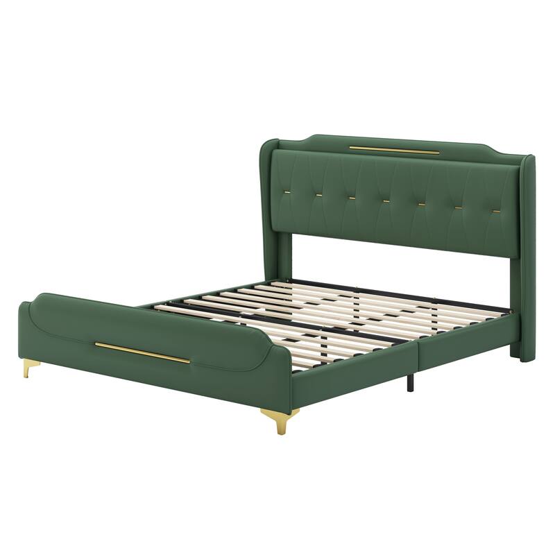 King Size PU Upholstered Platform bed with Wingback Headboard And Footboard