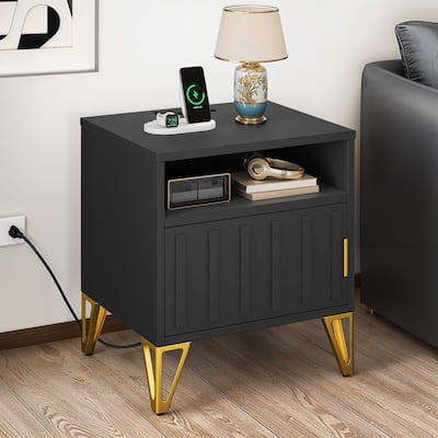 Moasis Set of 2 Steel Side Table with Doors and Shelfs,Nightstand with Charging Station