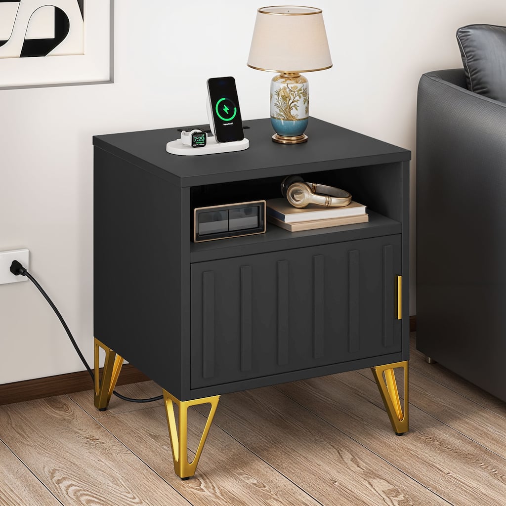 Moasis Set of 2 Steel Side Table with Doors and Shelfs,Nightstand with Charging Station