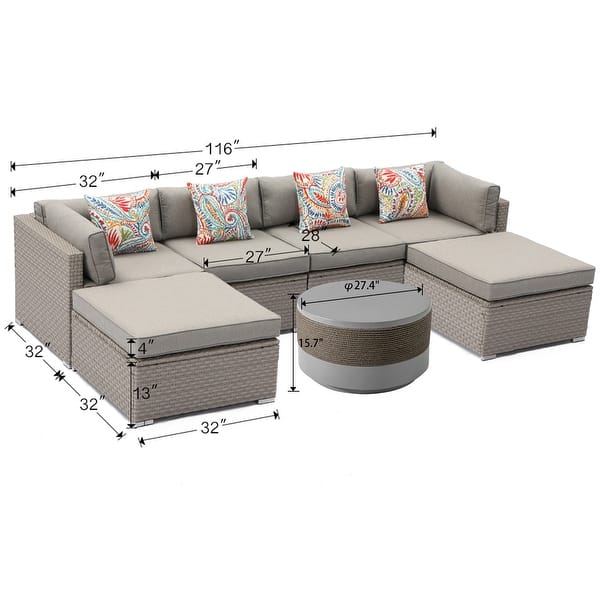 dimension image slide 0 of 6, COSIEST 7-Piece Outdoor Patio Wicker Sectional Sofa with Coffee Table