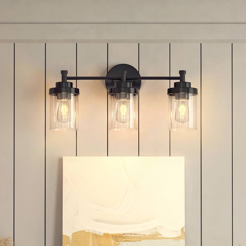 Modern Dimmable Vanity Light with Clear Ribbed Glass Shades E26 Sockets - 18 in - Nickel