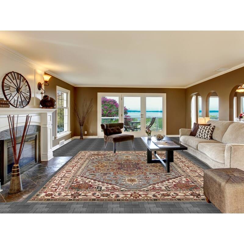 Heriz Serapi Indian Area Rug Handmade Grey Wool Carpet - 8'11" x 11'9"