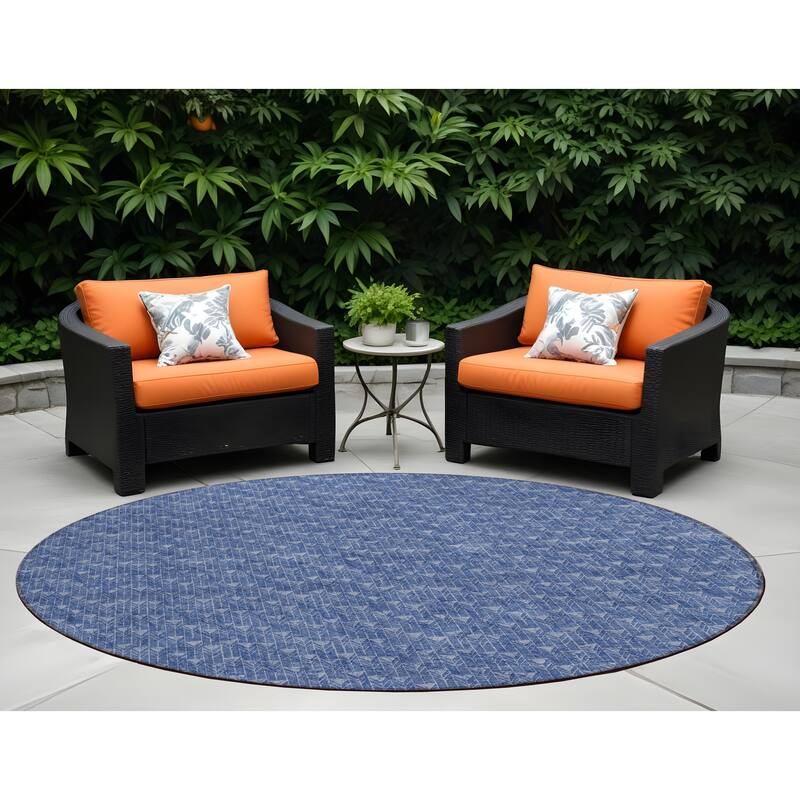 Alfiri Sleek Geometric Weather Resistant Timeless Fusion Outdoor Rug - 8' Round - Blue