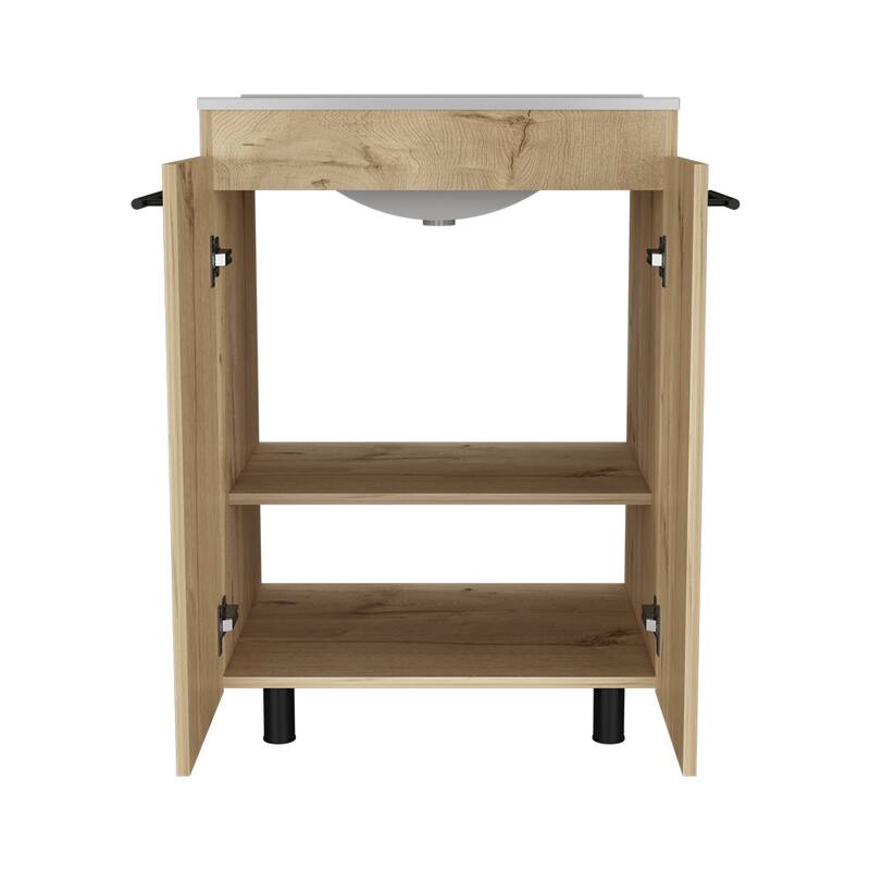 Light Oak Free-Standing Bathroom Vanity, Resin Sink, Double Door Cabinet with Shelves, 23.8 Inches Wide