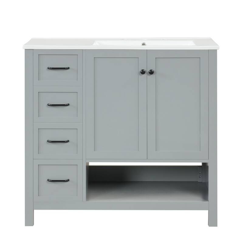 Freestanding Storage Cabinet Bathroom Vanity with Drop-In Sink, Ceramic Top, 2 Doors, 2 Drawers and Open Shelf