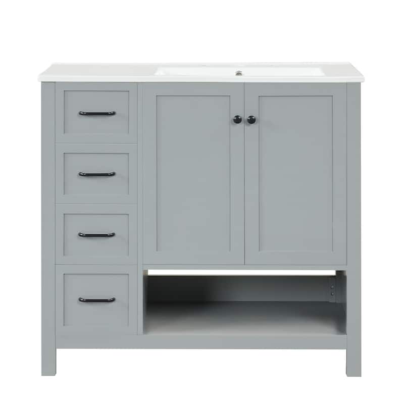 Roomfitters 36" Bathroom Vanity with Sink Top Cabinet with 2 Doors 2 Drawers Open Shelf Solid Wood and MDF Boards