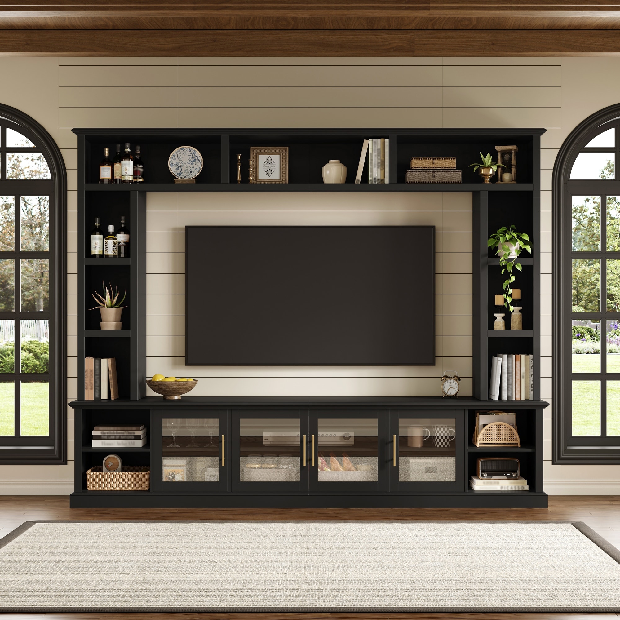 Entertainment Center Wall Unit for TVs up to 80",All-in-One Modern Entertainment Center with Bookshelves & Tempered Glass Doors