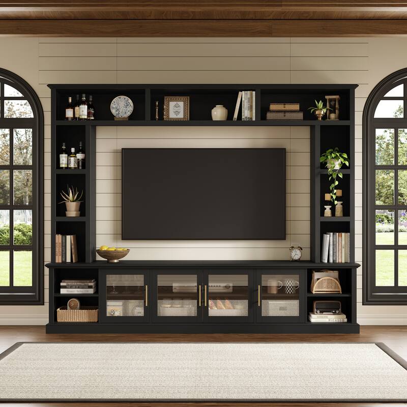 Entertainment Center Wall Unit for up to 80" TV, TV Stand with Bookshelves & Tempered Glass Doors