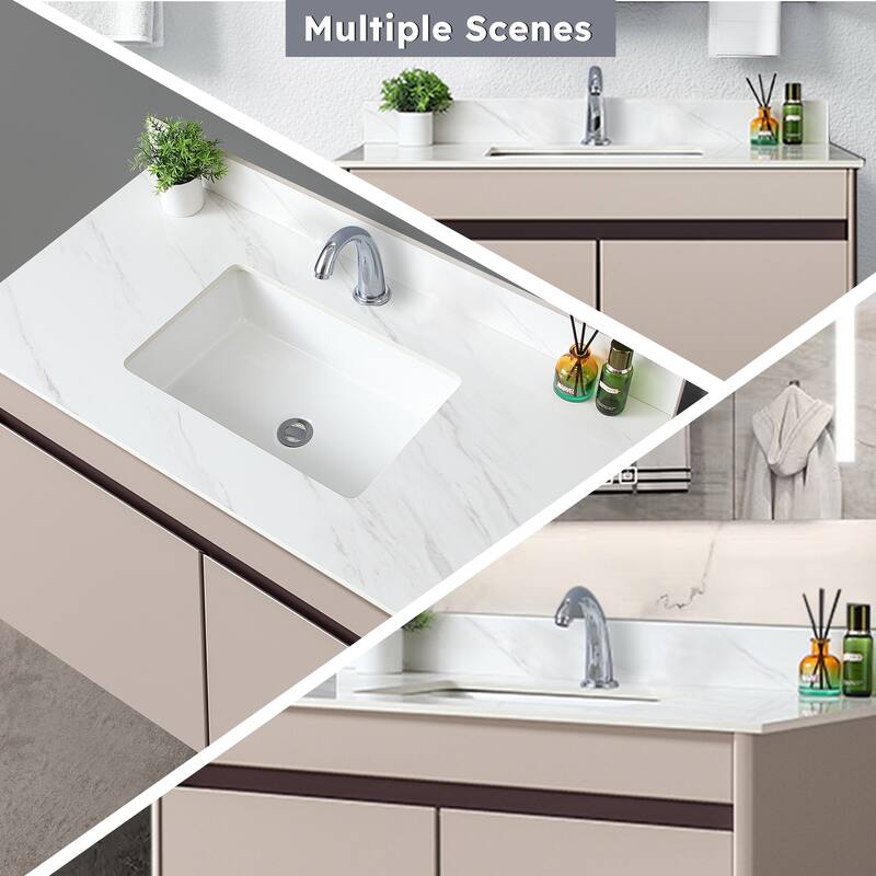 43" Bianco Venato Carrara White Vanity Top with Ceramic Sink, 4" Backsplash, Pre-Drilled Faucet Hole, Sintered Stone Material