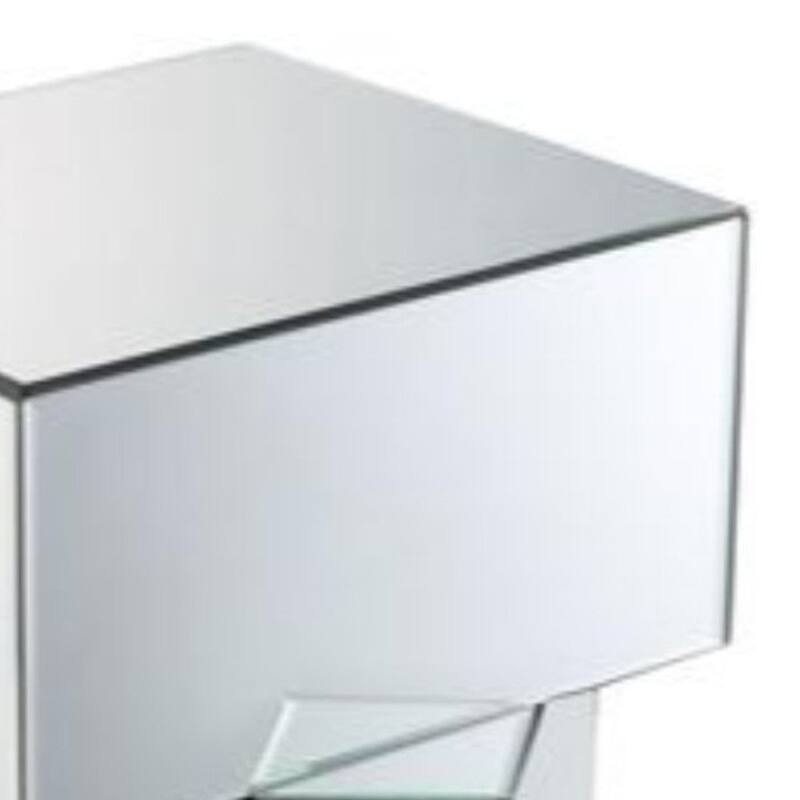 Mirror and Glass End Table with Unique Geometrical Base Design, Silver - 23.62 H x 19.69 W x 19.69 L Inches