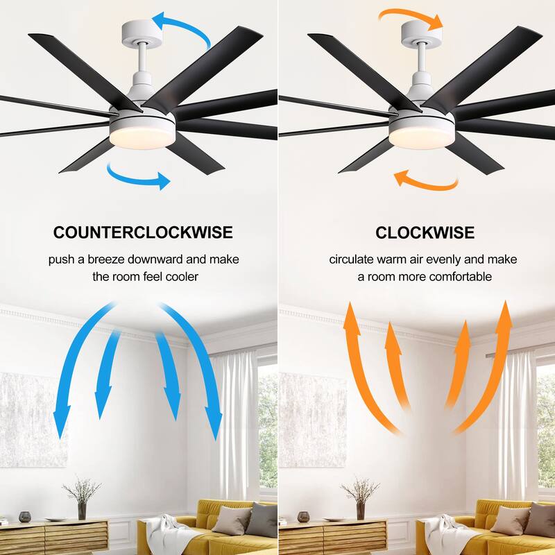 65 Inch LED Black and White Ceiling Fan with Light Remote- 8 Blade