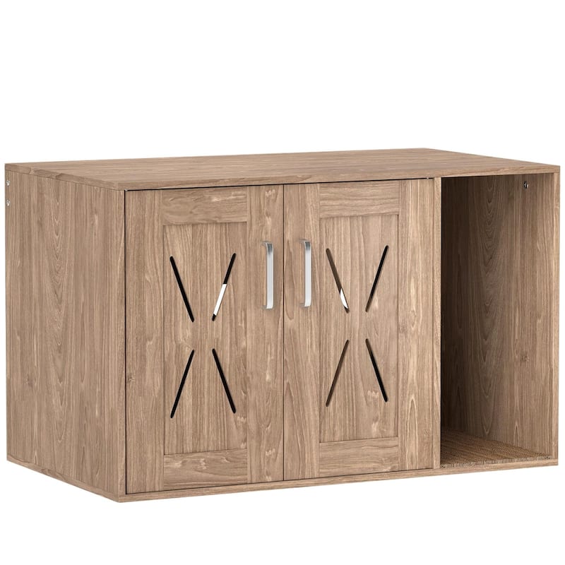 Walnut Brown Cat Litter Box Enclosure with Scratching Board and Barn Door Design Use as Side Table
