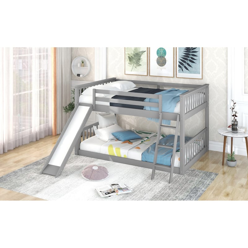 Convertible Full over Full Bunk Bed with Slide and Ladder, Gray
