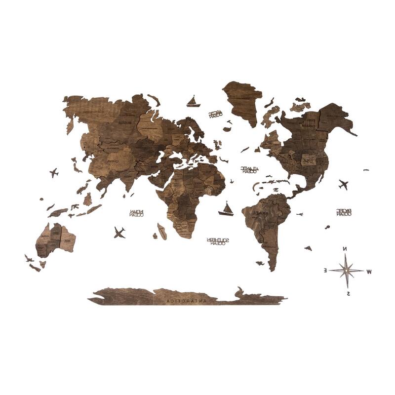 HomeRoots 47" X 79" Dark Brown Wood World Map Hanging Dimensional Sculpture