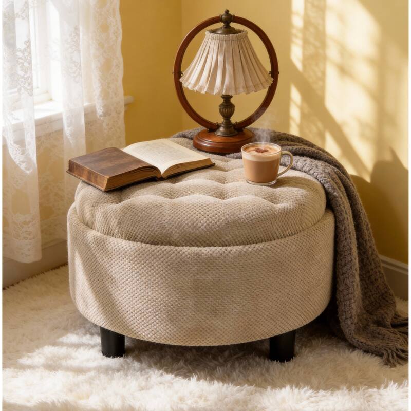 25"Round Storage Ottoman with Tray,ModernTufted Fabric Circle Coffee Table with Storage,Upholstered Ottoman with Removable Top - Camel