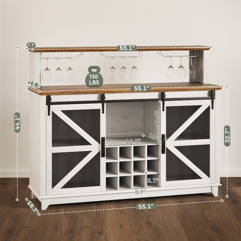 Farmhouse Coffee Bar Cabinet with LED Lights Wine Rack Glass Holders and Sliding Barn Doors - 55.1" W x 15.7" D x 44.1" H