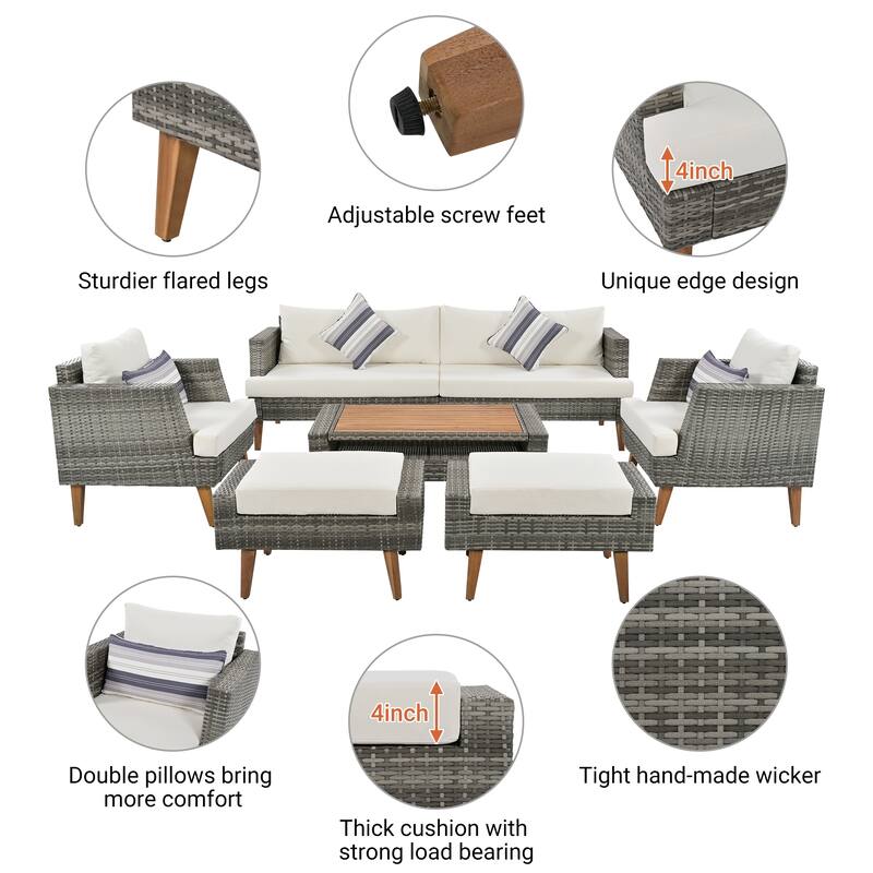 6 Piece Patio Conversation Furniture Set, All-Weather PE Rattan Wicker Sofa Set with Table, Ottomans, Cushions and Pillows