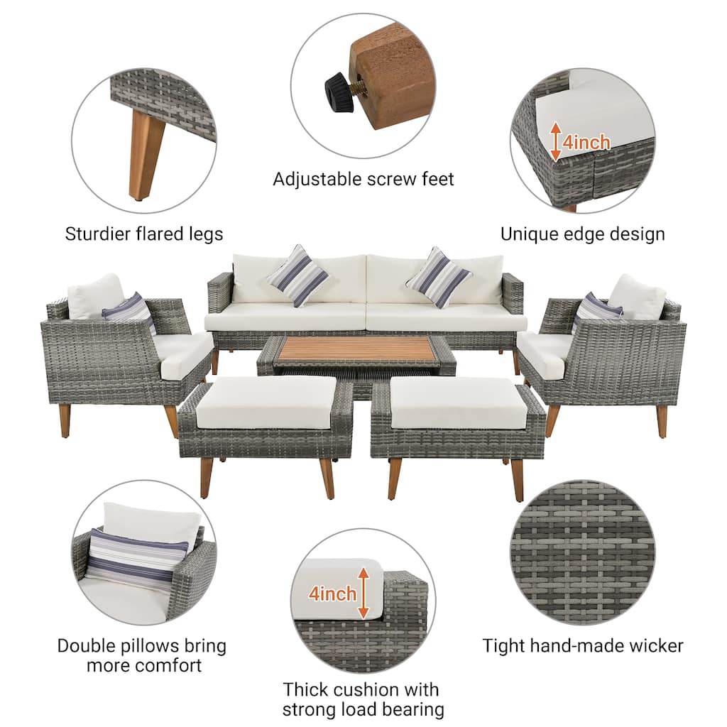 All Weather Conversation Sets 6-Pieces Sectional Sofa Set PE Wicker Couch Set with 2 Accent Chairs, 2 Stools and Wood End Table