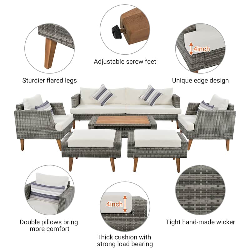 Roomfitters 6-Piece Outdoor Patio Furniture Set with Wicker Sofa, Armchairs, Ottomans and Coffee Table, Wood Legs, Gray+Beige
