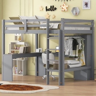 Full Size Loft Bed with L-Shaped Desk, Wardrobe, and Storage Shelves, Includes Integrated Ladder and Length Guardrails, Grey