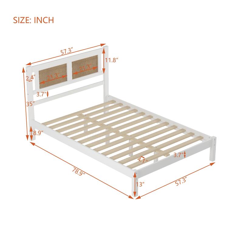 Full Size Platform Bed with Natural Rattan Headboard, Minimalist Design