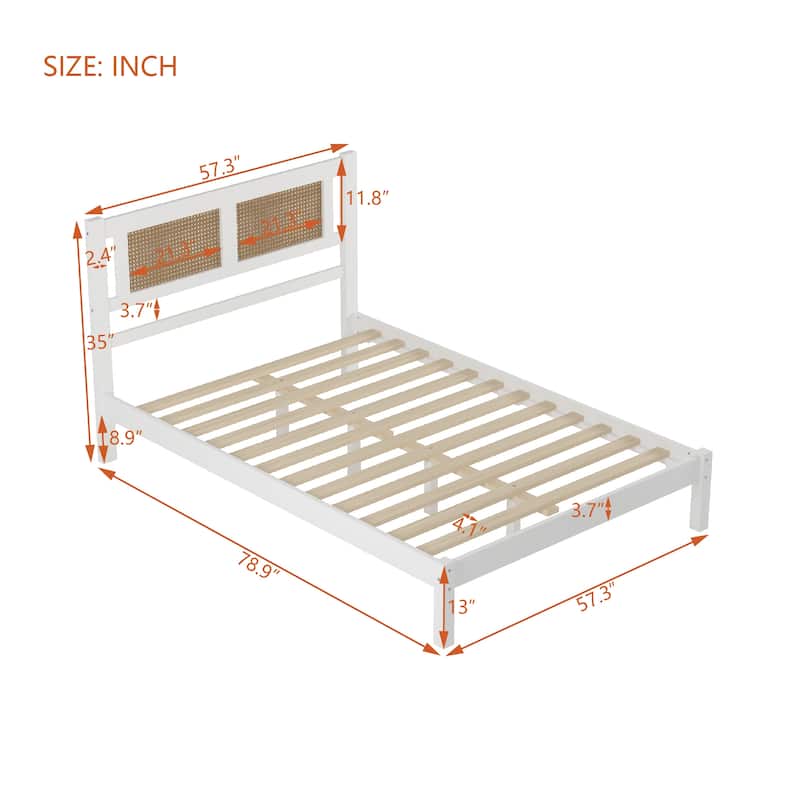 Modern Style Wooden Platform Bed with Rattan Headboard