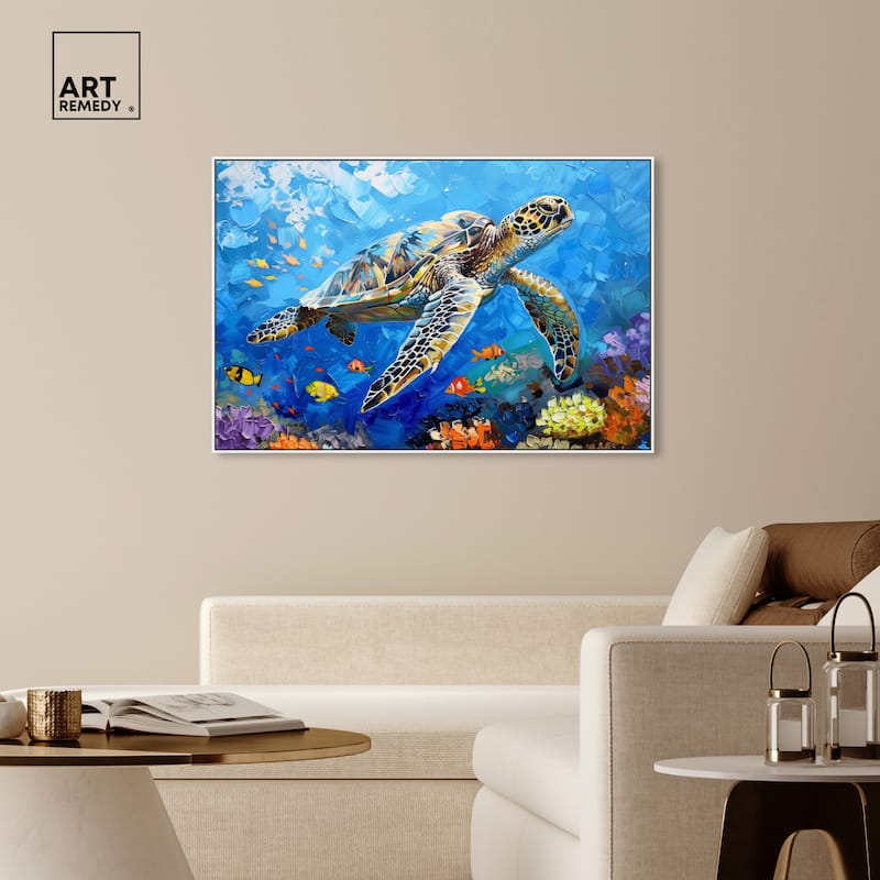 Art Remedy Turtle Swimming Framed Colorful Coastal 1 Piece Canvas Wall Art