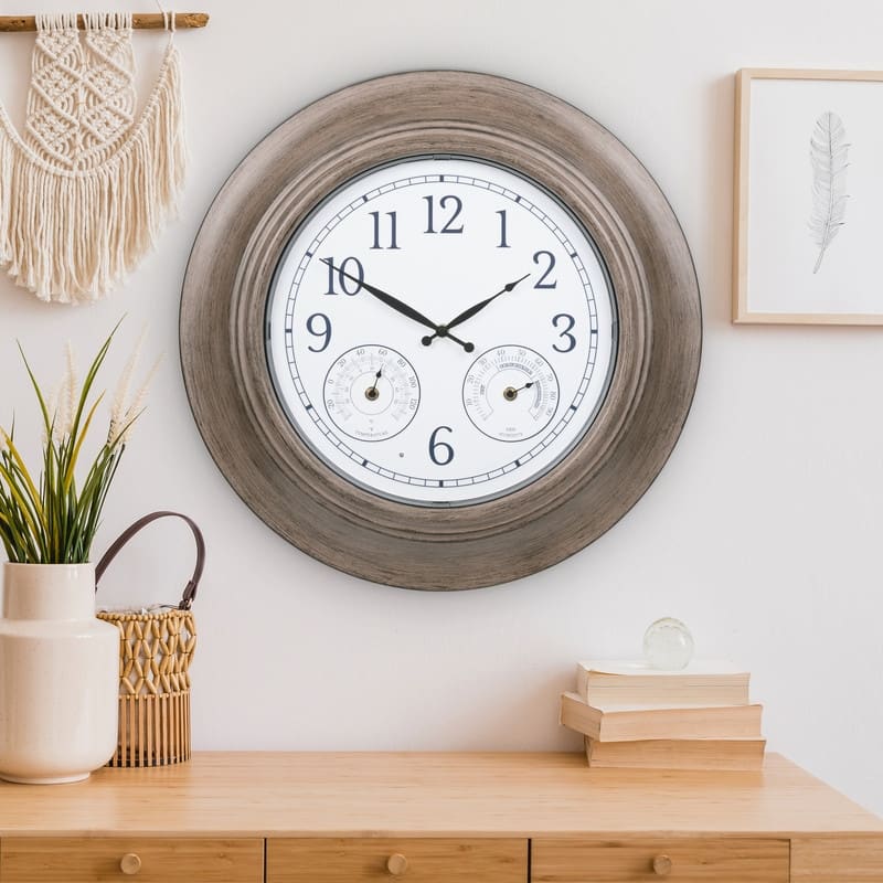 21" Brown Outdoor Lighted Leaves Quartz Clock with Temp and Humidity