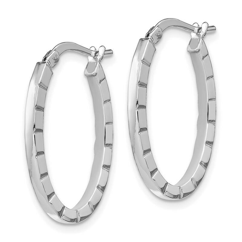 Curata 14k White Gold Striped Edge Oval Hoop Earrings - 24.55x16.85mm