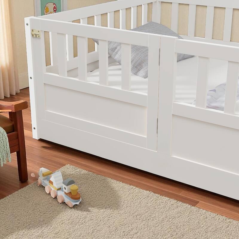 Montessori Twin/Full Size Wooden Floor Bed with Safety Fence and Door, Low Platform Bed Frame for Kids Toddlers