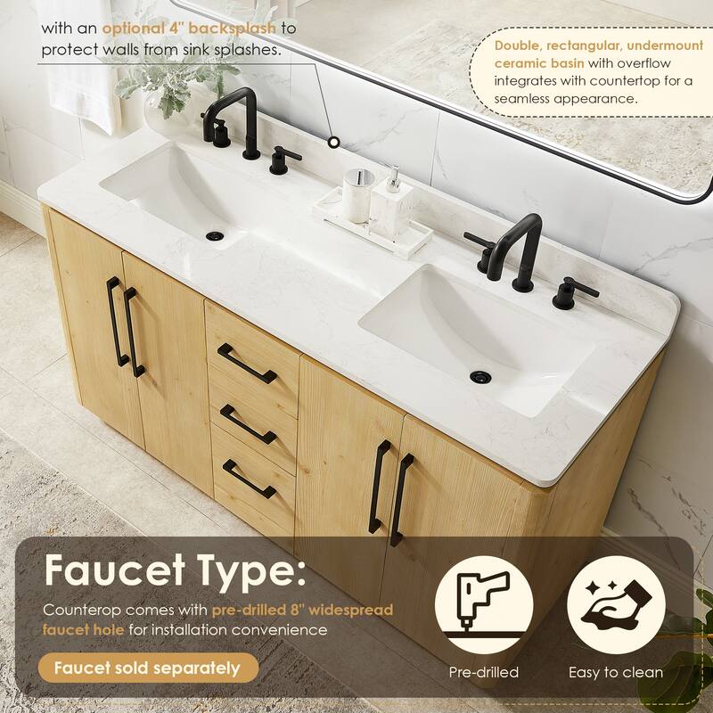 Serene Bathroom Vanity in Nature Brown with Grain White Engineered Stone Countertop without Mirror