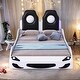 preview thumbnail 1 of 26, Wood Twin Size Race Car Bed Platform Bed with LED and Upholstered Backrest White