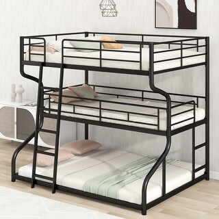Industrial Concise Style Full XL over Twin XL over Queen Size Triple Bunk Bed,Metal Bed with Two Size Ladder on Each Side
