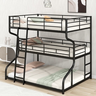 Sturdy Triple Metal Bunk Bed with Long and Short Ladders - Enhanced Functionality and Space Efficiency