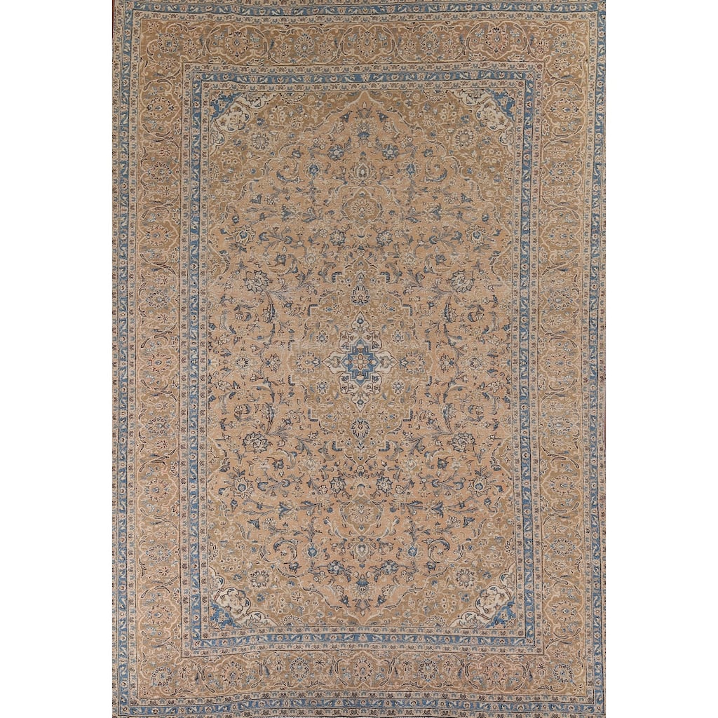 Distressed Floral Kashan Vintage Persian Area Rug Handmade Wool Carpet - 9'5" x 12'10"