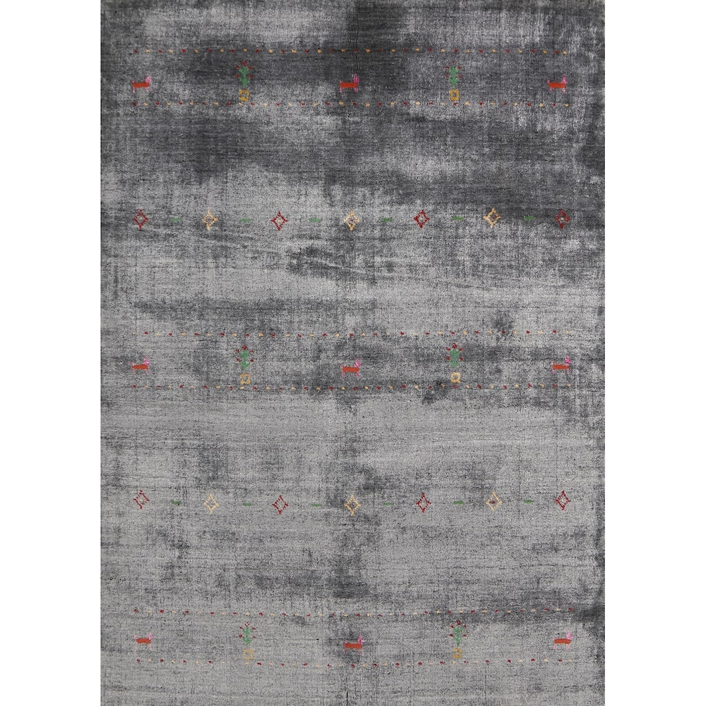 Hand Knotted Oriental 100% Wool Carpet Tribal Animal Pictorial Greys & Charcoal Gabbeh Area Rug - 5' 10'' X 4' 5''