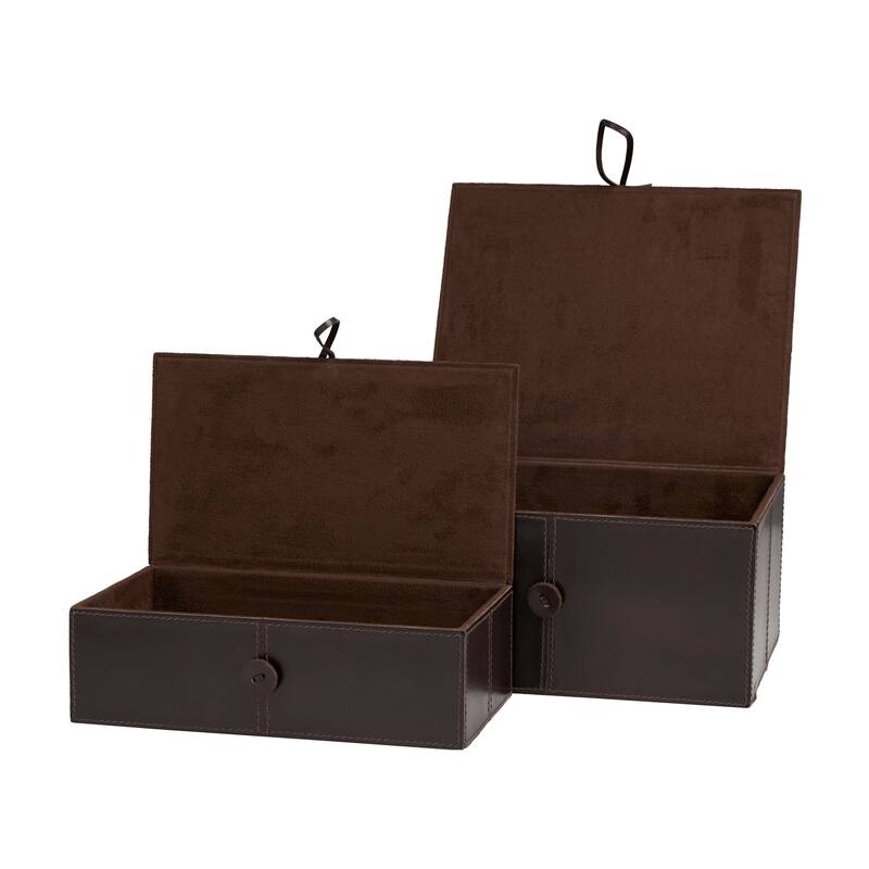 Dark Brown Leather Storage Box with Snap Front Closure and Detailed Stitching (Set of 2)