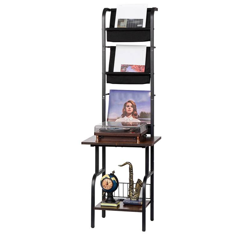 Black 5 Tiers Metal Record Player Stand with LED Light and USB Ports and Oxford Fabric Bags - 17.72" x 19.29" x 56.3"